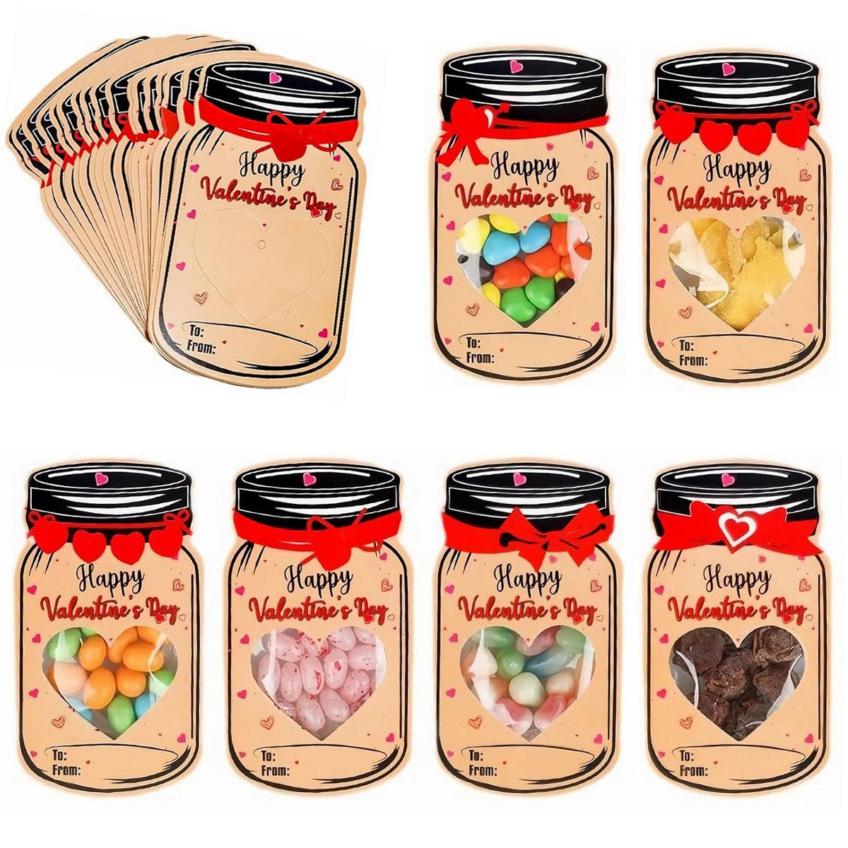 Valentines Day Cards For Kids - 50 Pack Mason Jar Valentine Gifts Cards - Funny Valentines Exchange Cards For School Class Classroom Party Favors (Candy Not Included)