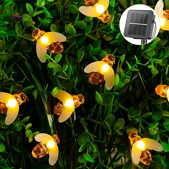 31FT Solar Bee String Lights 50 LED Honeybee Fairy Lights Outdoor Waterproof with 8 Lighting Modes Warm White Decorative Lights for Garden Patio Yard Wedding Party Decor
