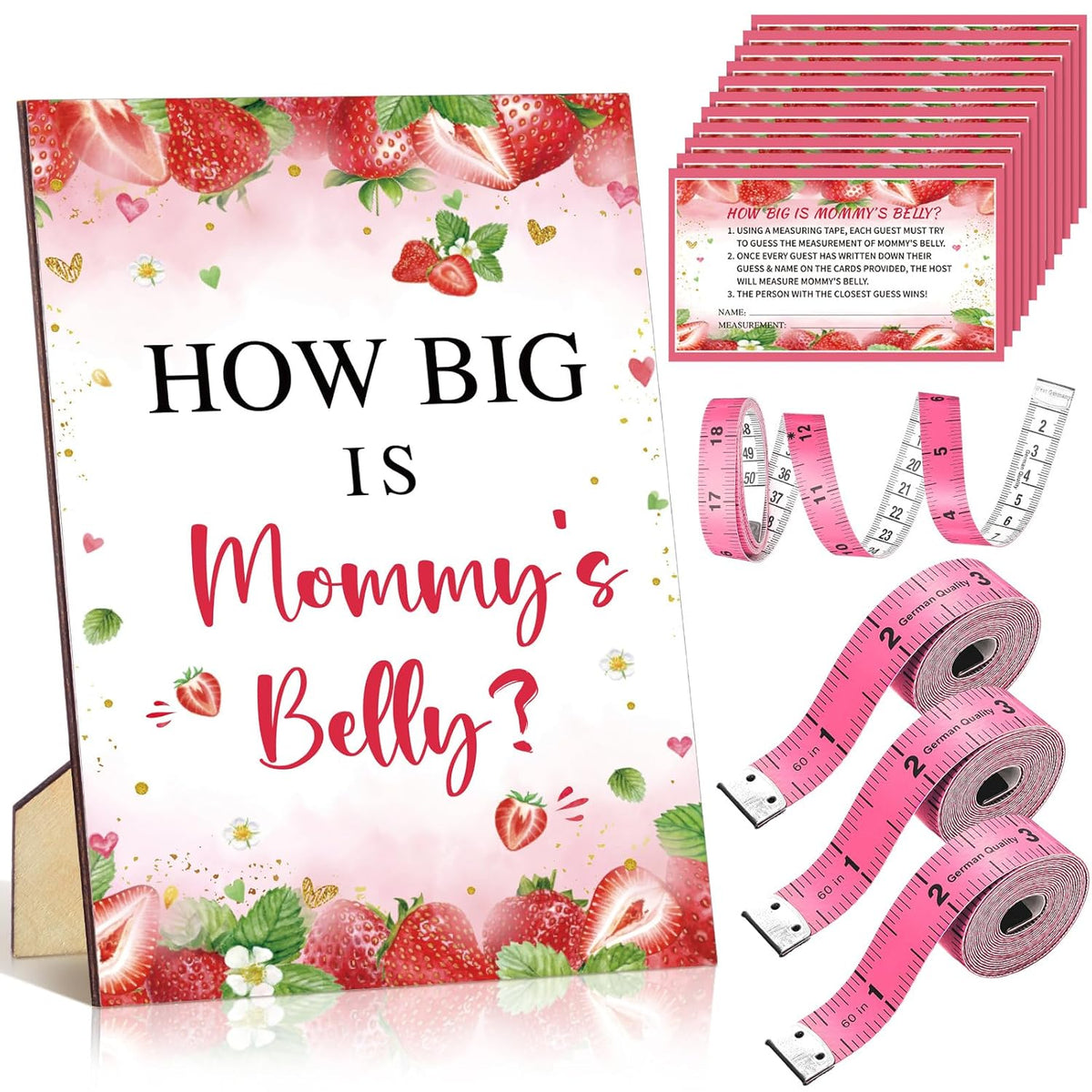 54 Pcs Strawberry Baby Shower Games A Berry Sweet Is On The Way Measure Belly Bump Party Games Include How Big Is Mommy'S Belly Sign 50 Guessing Cards 3 Measuring Tapes