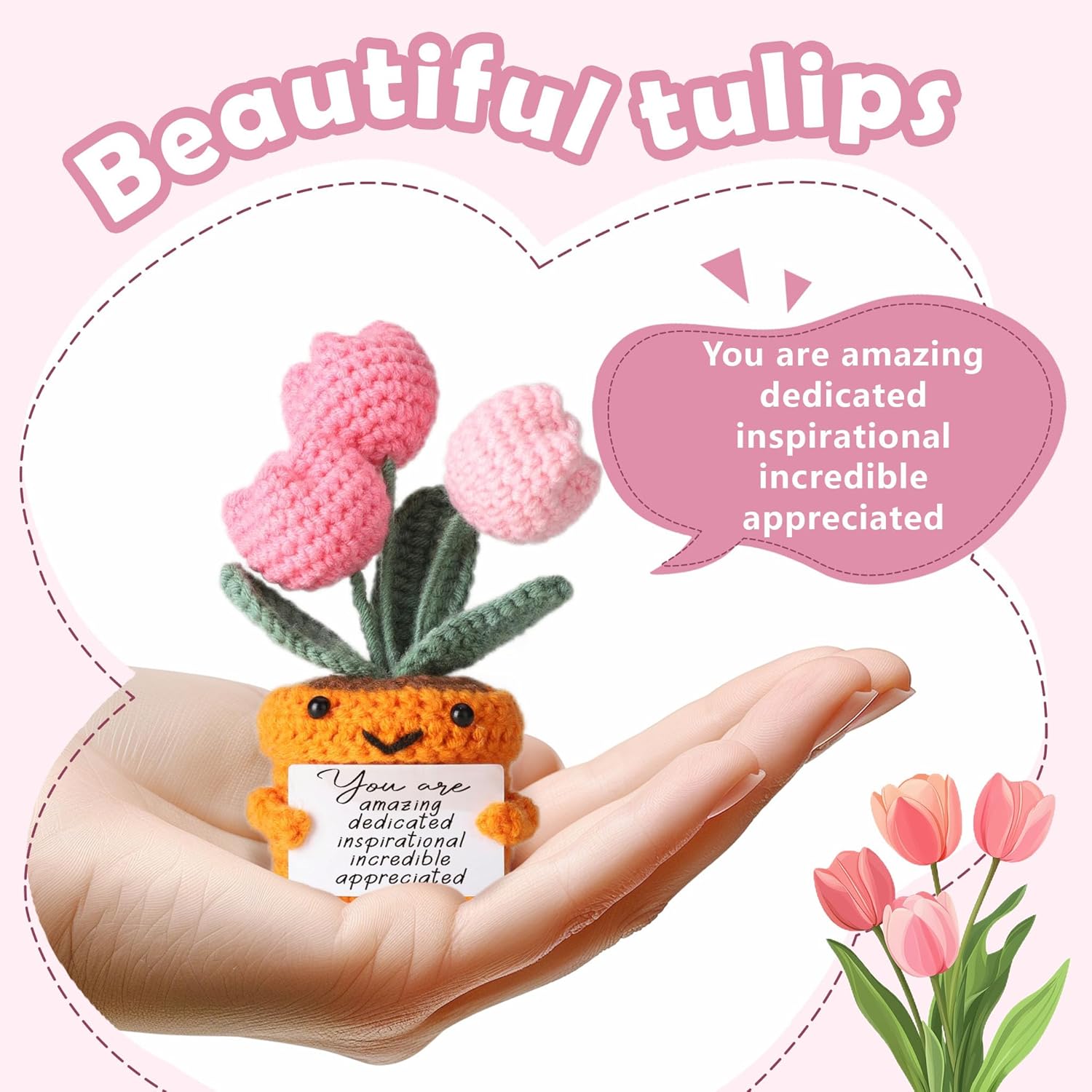 Cute Crochet Tulip Flowers Gifts For Women, Friends, Moms, Teachers, Coworkers With “Amazing” Card – Inspirational Gifts For Female Graduation Birthday Back To School Christmas, Desk Decor