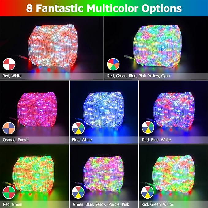 50FT LED Rope Lights 25 Color Warm White RGB IP68 Waterproof Outdoor Tube String Lights with 149 Modes