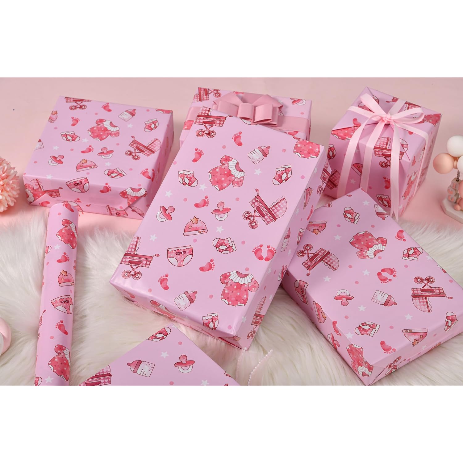 Baby Shower Wrapping Paper, 17" X 16.4 Ft – Cute Clothes, Bottles, And Footprints Design – Pink Baby Girl Gift Wrap(Pink Girl)