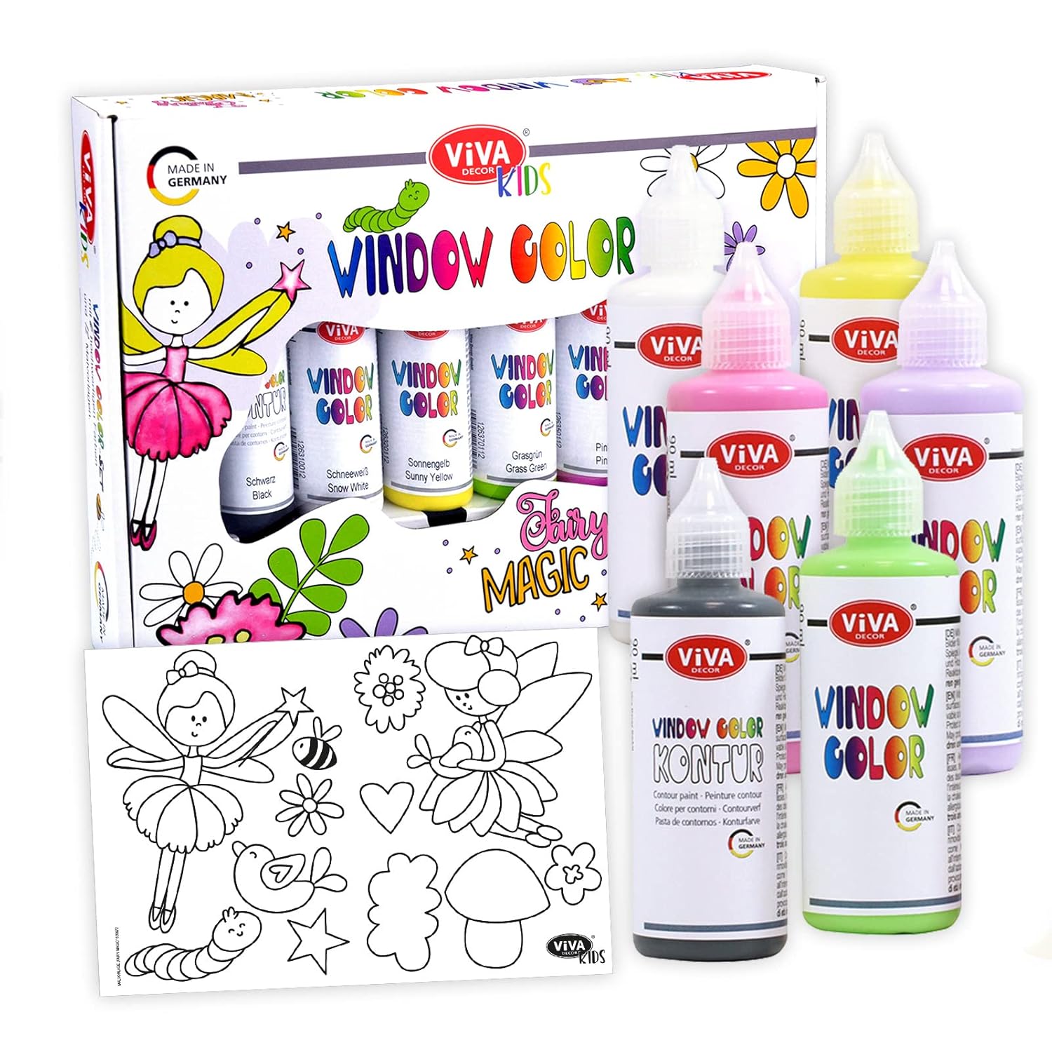 Viva Decor Kids Window Paint Set Fairy Magic (6 Colours of 90 ml) Gift Set with 15 Motifs - Made in Germany