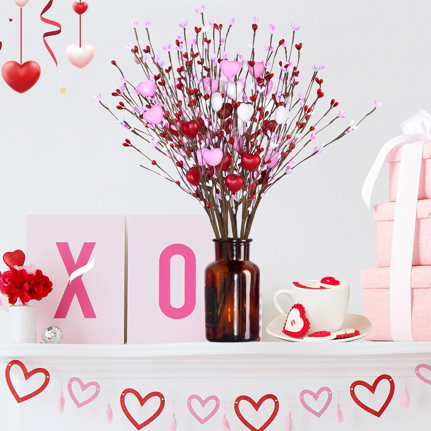 Valentines Day Decorations Artificial Heart Flowers Berry Stems Gifts, 6 Packs Red Pink White Heart Shaped Valentines Picks For Wedding Anniversary Vase Filler Valentine Decorations For Home Party