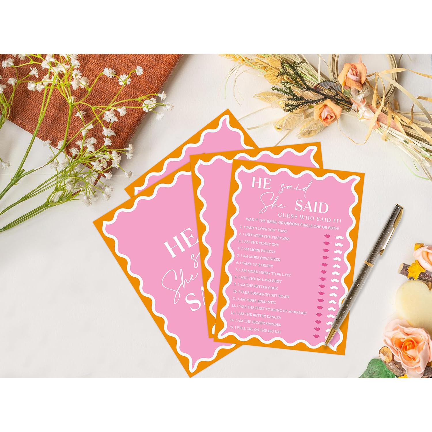 Pink Wavy Border He Said She Said Game For 30 Guests With Game Cards, Wavy Border Bridal Shower Game, Modern Bridal Shower Decorations, Wedding Shower Or Bachelorette Party Supplies - 03