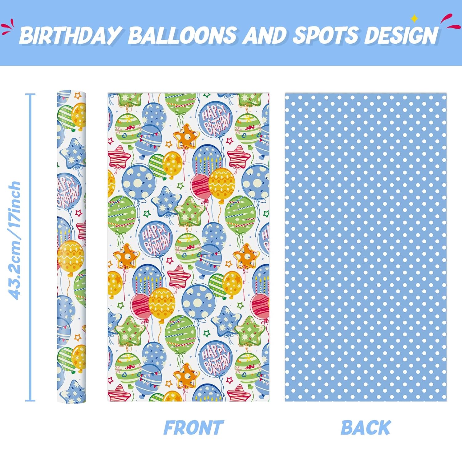 Happy Birthday Balloon Wrapping Paper Roll - 1 Roll 17”X 33 Ft Blue Boy Birthday Gift Wrapping Paper For Baby Boy Shower Wrapping Paper Party Decorative Wrap Supply