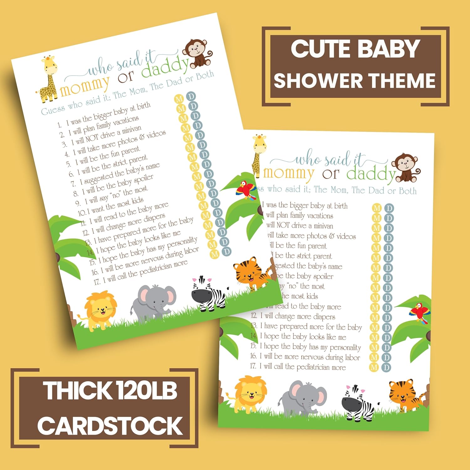 Cute Jungle Baby Shower Games - 25 Guess Who Mommy Or Daddy Game Cards - Fun Gender Reveal Guessing Activities For Guests - Safari Theme For Boy Or Girl