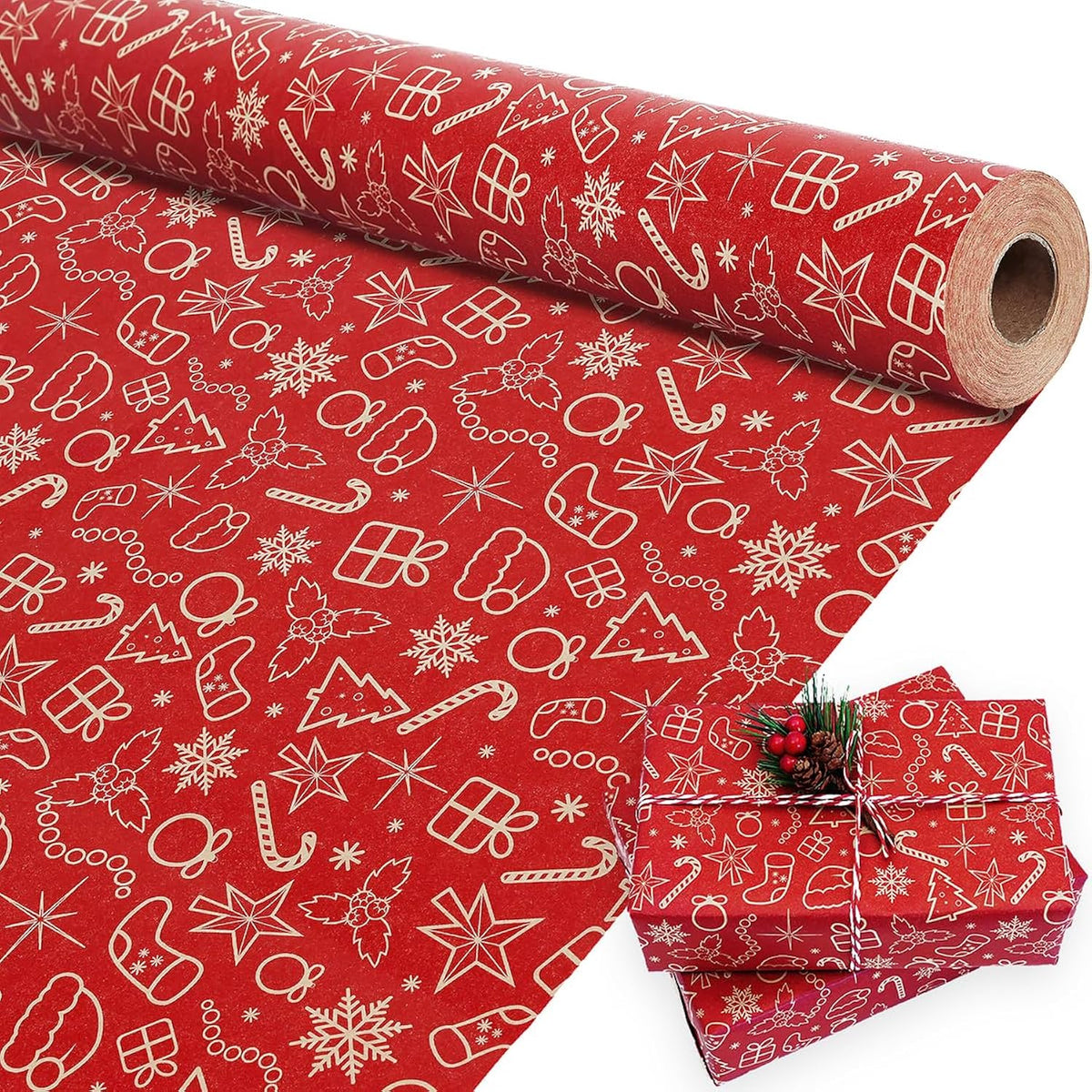 Christmas Wrapping Paper Roll, Red Kraft Wrapping Paper For Holiday Xmas, Gift Wrapping Paper For Boys Girls Men Women, Gift Wrap With Snowflake, Christmas Hats, Stockings, Trees Designs, 17X590 Inch. (Red)