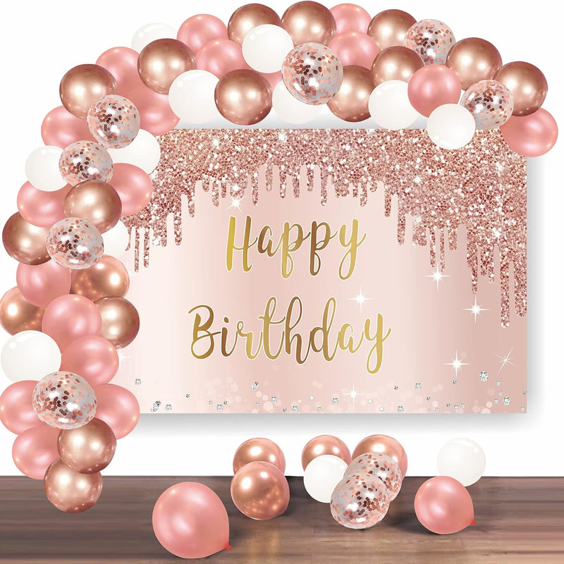 Rose Gold Happy Birthday Banner Backdrop With Confetti Balloon Garland