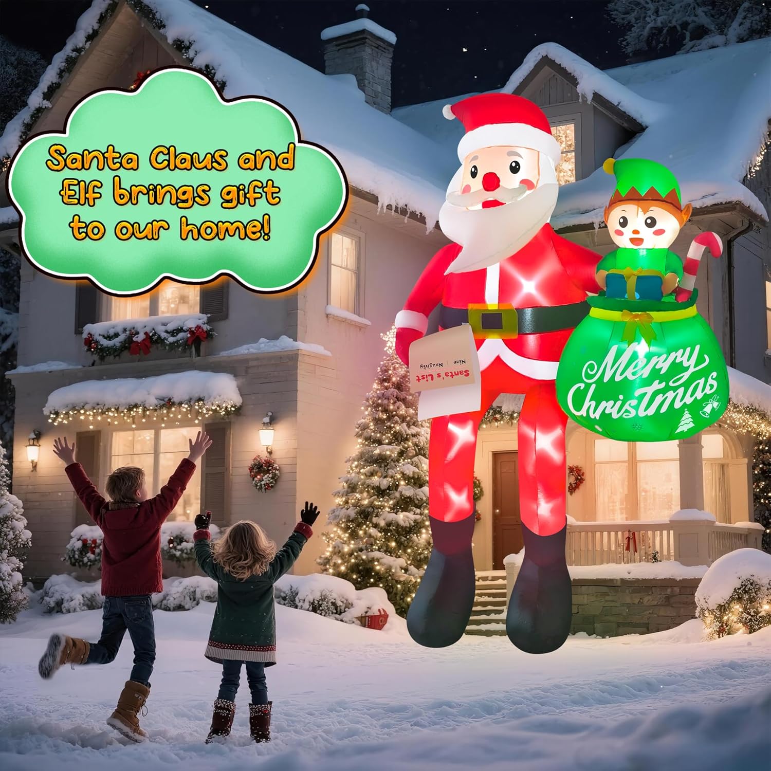10Ft Christmas Inflatable Santa Claus Outdoor Decorations, Climbing Santa Inflatable Yard Decor With Elf & Built-In Leds