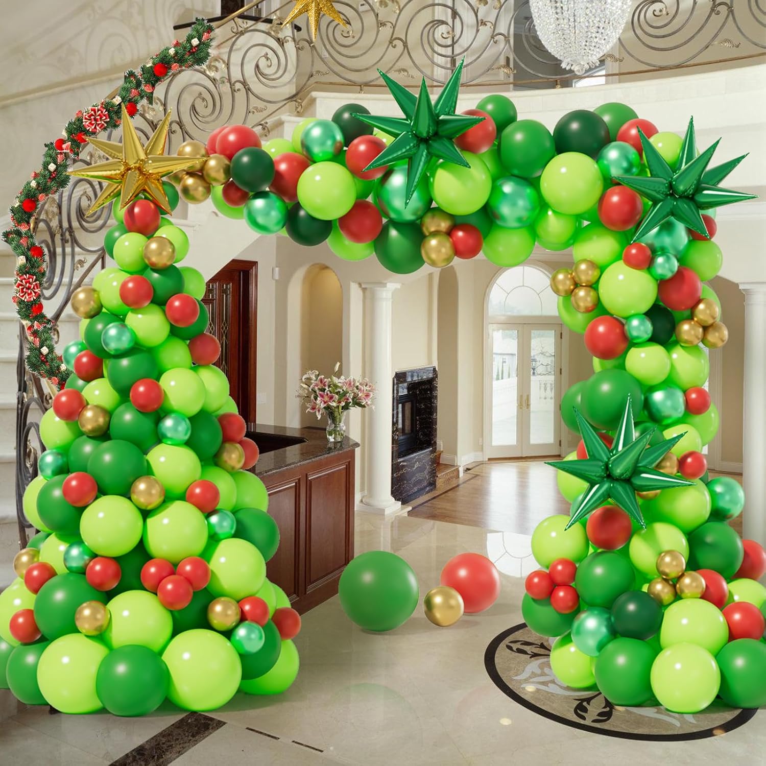 284Pcs Christmas Balloon Garland Arch Kit With Lime Green Dark Green Red Balloons Exploding Star Balloons For Christmas Party Decorations Supplies