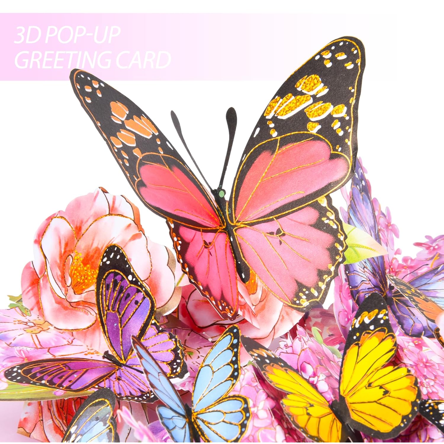 3D Pop-Up Greeting Card,Paper Craft With Laser Cut Details Hollowed Out Paper Carving Floral Butterfly In Bloom Design,Handmade Greeting Card Pop Up Cards Are Suitable For All Occasions - With Envelope And Blank Label (Pink Dancing Butterfly)