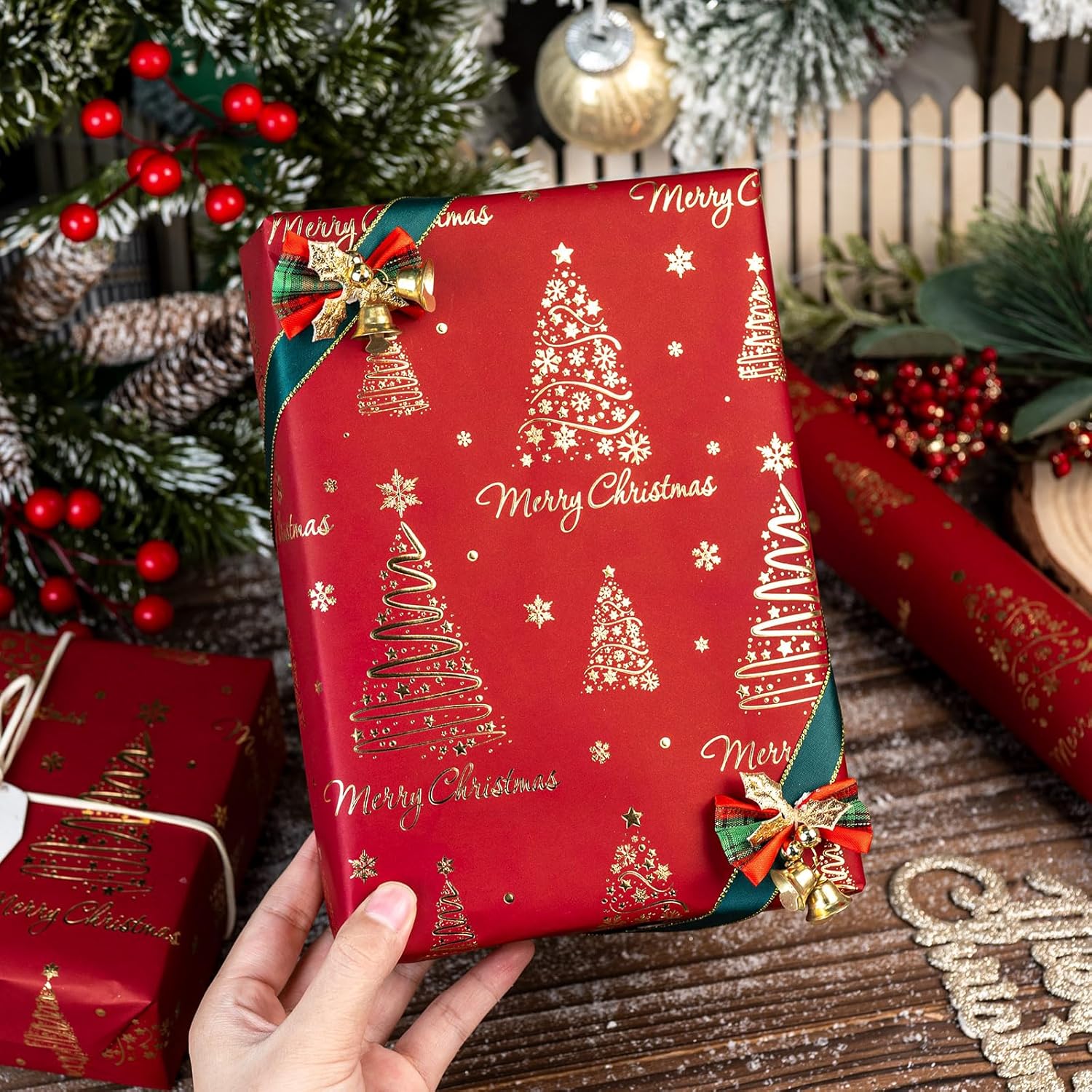 Red Christmas Wrapping Paper Roll - 3D Embossed Trees And Letters With Gold Foil Metallic Shine Gift Wrap For Christmas, New Year Celebration, Holiday - Mini Roll - 17 Inch X 33 Feet