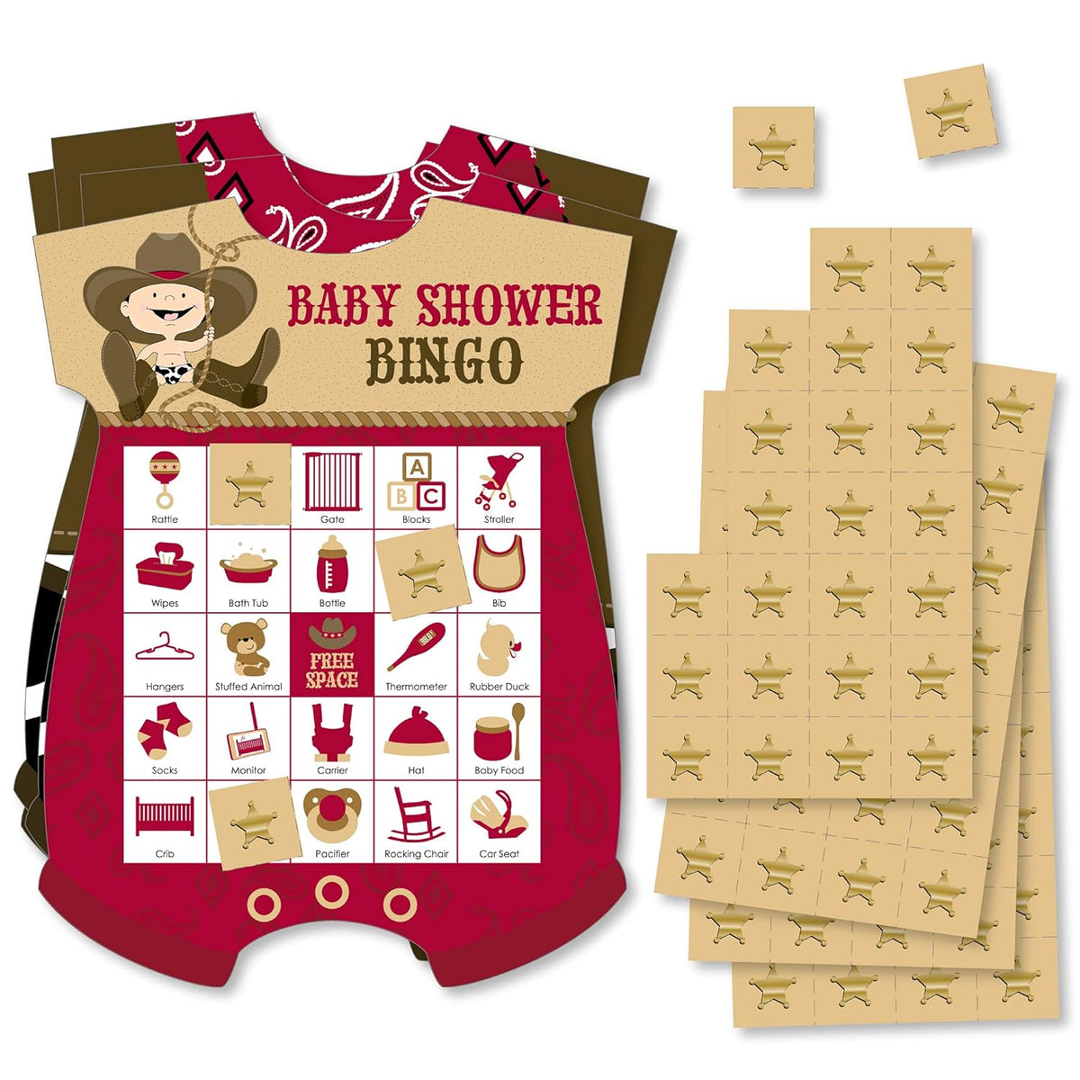 Big Dot of Happiness Little Cowboy - Picture Bingo Cards and Markers - Western Baby Shower Shaped Bingo Game - Set of 18