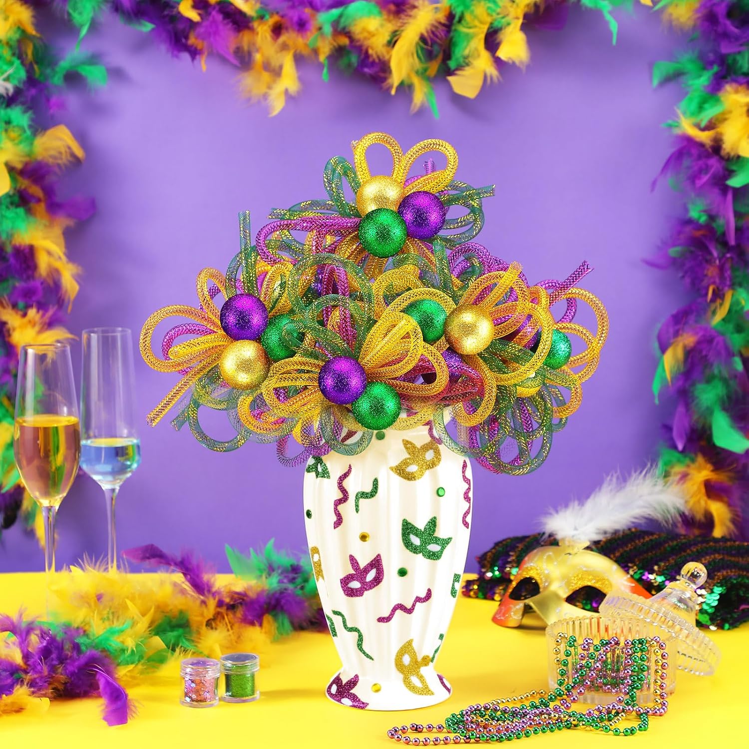 6 Pcs Mardi Gras Flowers 13 Inch Mardi Gras Picks Purple Green Gold Floral Glitter Ball Picks And Sprays For Carnival Tree Topper Wreath Carnival Party Diy Vase Bouquet Home Table Decor