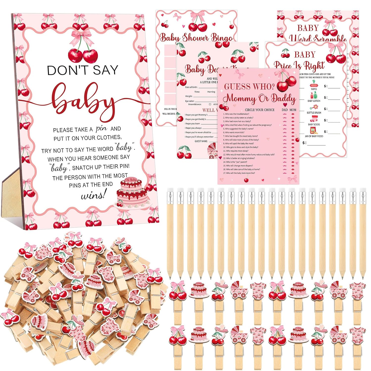 321 Cherry Baby Shower Decorations Games Supplies Pink She'S The Cherry On Top Baby Shower Games Themed Don'T Say Sign For Cherries Themed Gender Reveal Birthday Party Decorations Supplies