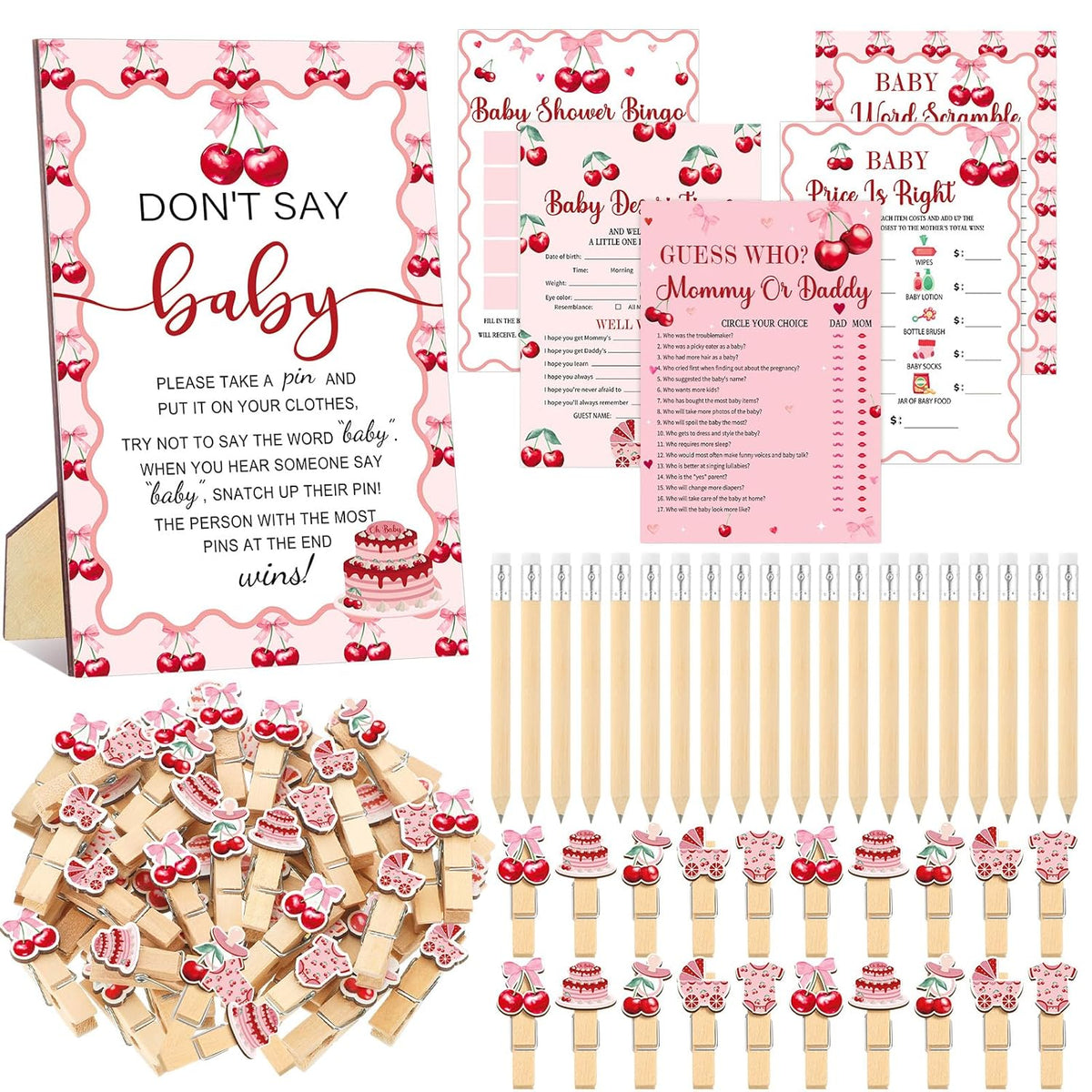 321 Cherry Baby Shower Decorations Games Supplies Pink She'S The Cherry On Top Baby Shower Games Themed Don'T Say Sign For Cherries Themed Gender Reveal Birthday Party Decorations Supplies