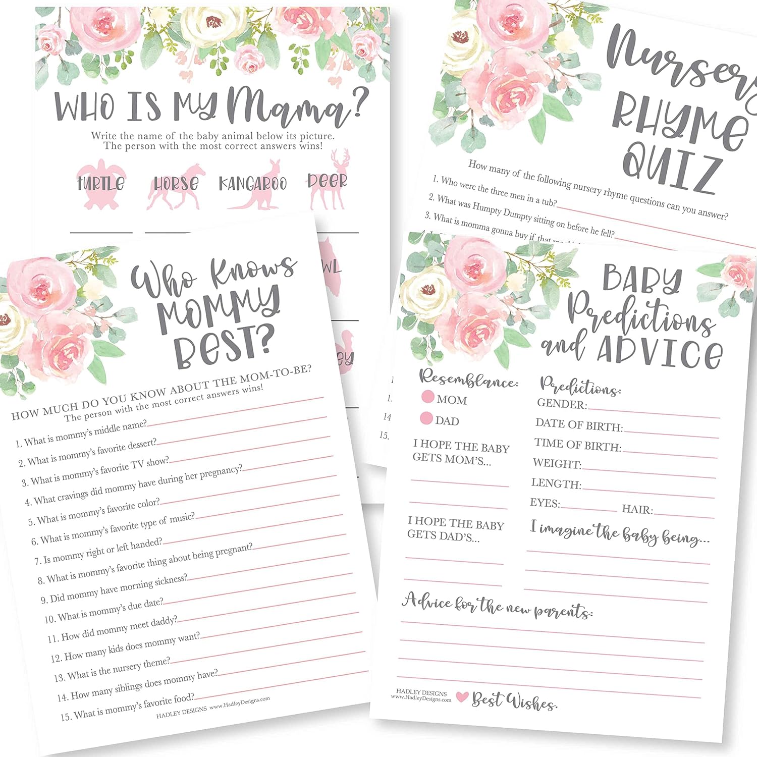 Baby Shower Games For 25 Guests - Pink Floral Baby Predictions & Advice Cards, Who Knows Mommy Best, Nursery Rhyme Trivia Game, Who Is My Mama Babyshower Games For Girl, Made In Usa