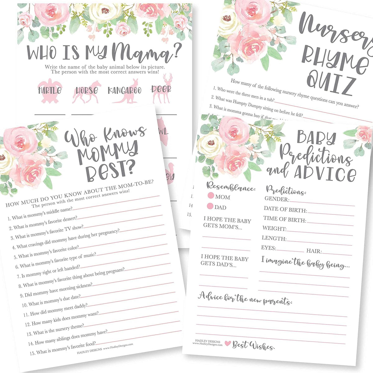 Baby Shower Games For 25 Guests - Pink Floral Baby Predictions & Advice Cards, Who Knows Mommy Best, Nursery Rhyme Trivia Game, Who Is My Mama Babyshower Games For Girl, Made In Usa