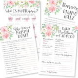 Baby Shower Games For 25 Guests - Pink Floral Baby Predictions & Advice Cards, Who Knows Mommy Best, Nursery Rhyme Trivia Game, Who Is My Mama Babyshower Games For Girl, Made In Usa