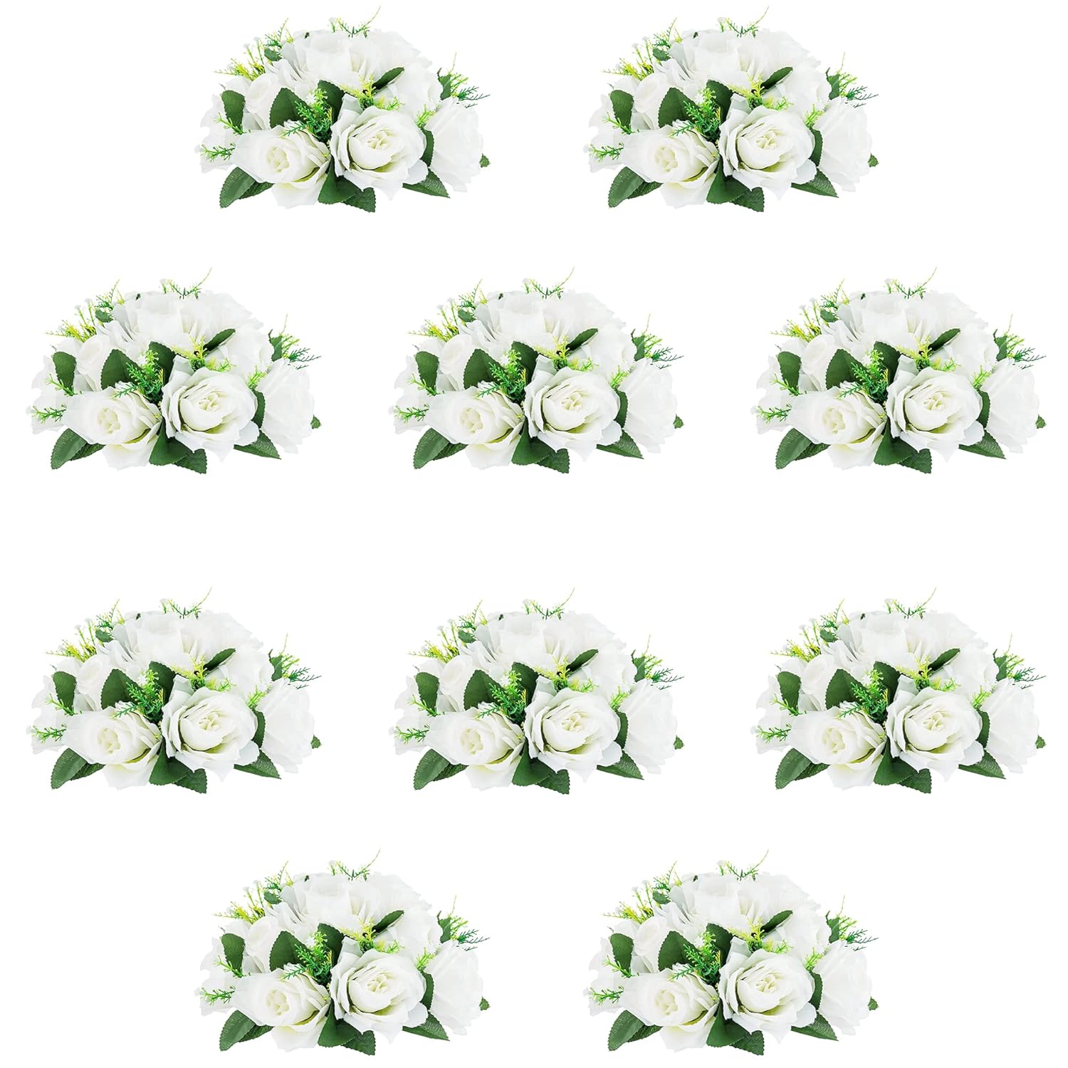 10Pcs Artificial Flower Ball Arrangement, 9.5" 15 Heads Wedding Roses Bouquet With Base Suitable For Parties Valentine'S Day Wedding Centerpieces Flower Rack And Home Decor (White)