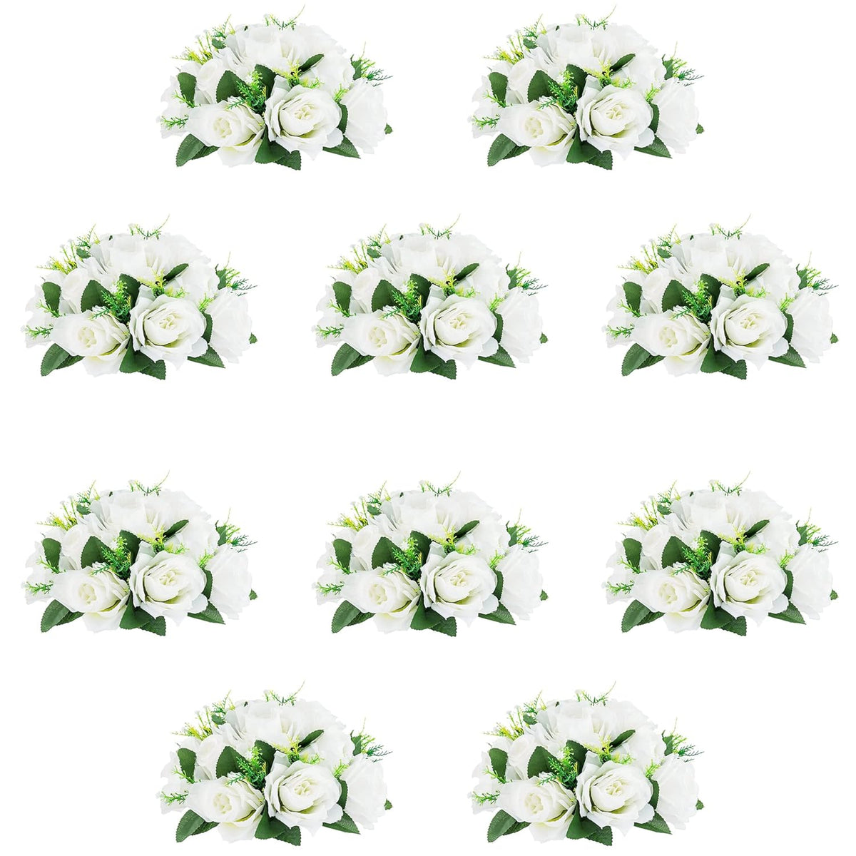 10Pcs Artificial Flower Ball Arrangement, 9.5" 15 Heads Wedding Roses Bouquet With Base Suitable For Parties Valentine'S Day Wedding Centerpieces Flower Rack And Home Decor (White)