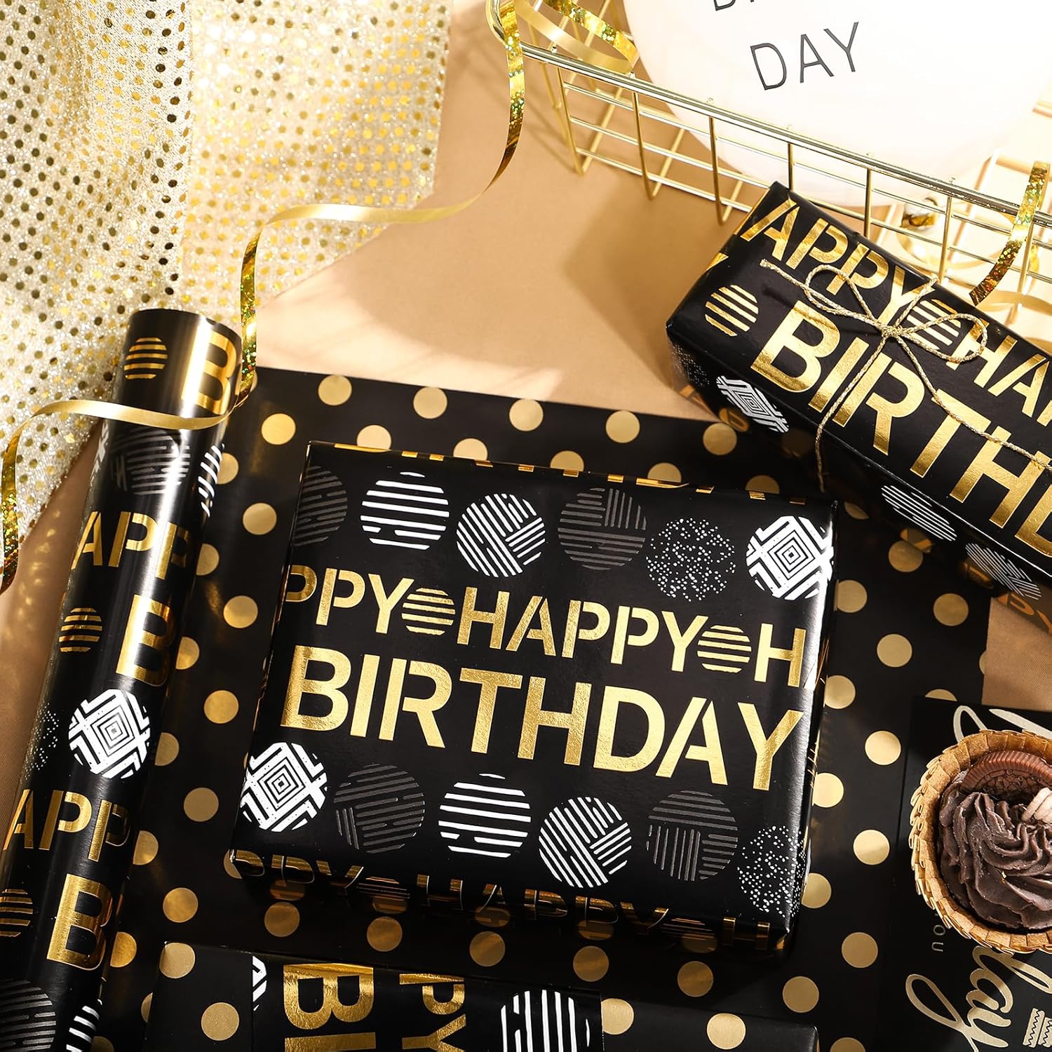 Reversible Birthday Wrapping Paper Roll - Mini Roll - 17 Inch X 10 Feet - Happy Birthday Lettering And Polka Dots Design Perfect For Kid'S, Baby Shower