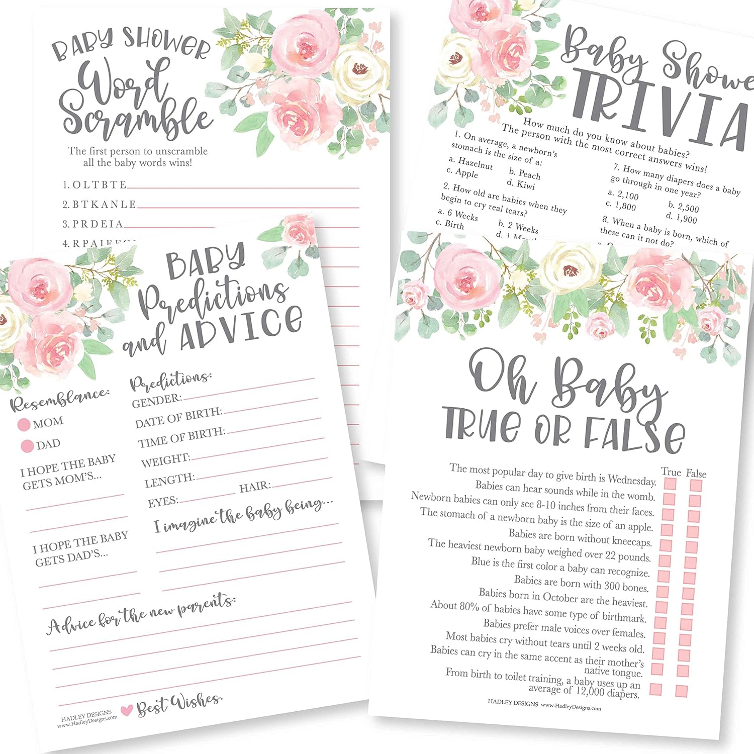 Baby Shower Games For 25 Guests - Pink Floral Baby Predictions & Advice Cards For New Parents, Trivia Game, Word Scramble, True Or False Babyshower Games For Girl, Made In Usa
