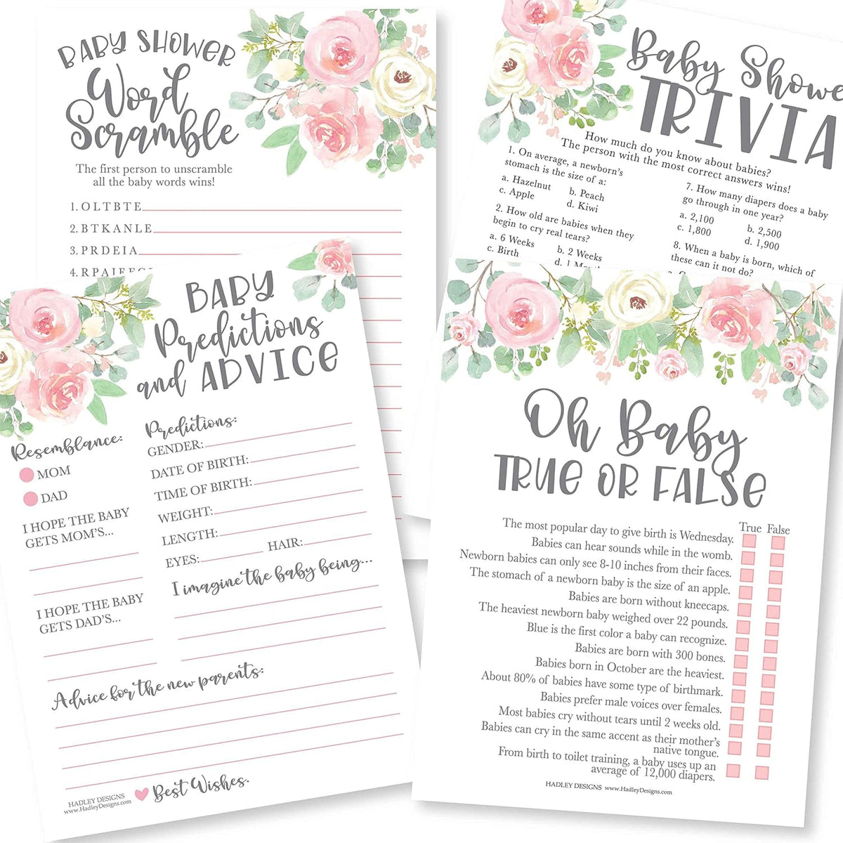 Baby Shower Games For 25 Guests - Pink Floral Baby Predictions & Advice Cards For New Parents, Trivia Game, Word Scramble, True Or False Babyshower Games For Girl, Made In Usa