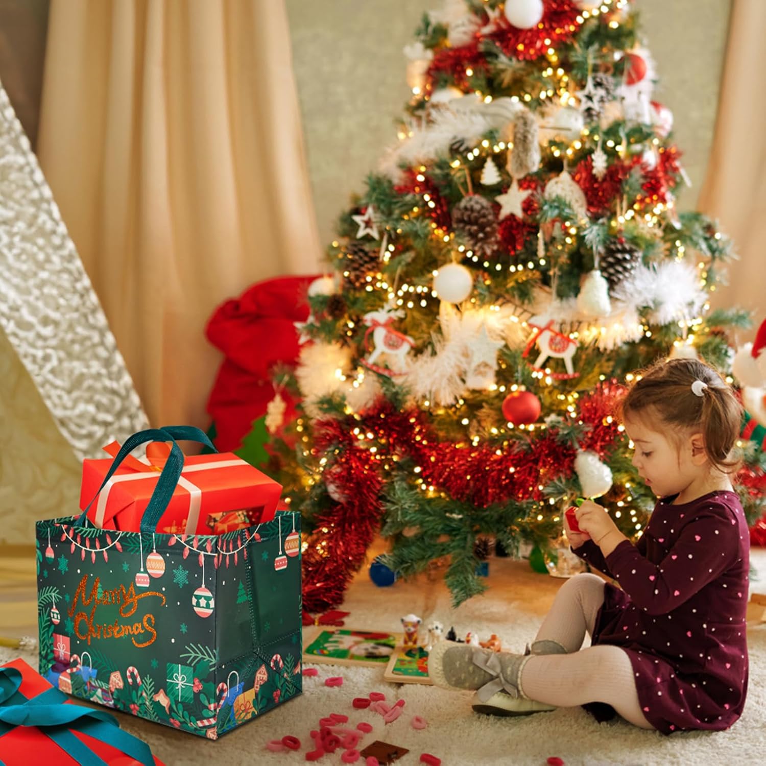 8 Pack Christmas Gift Bags With Handles, Large Non-Woven Tote Bags For Wrapping Xmas Party Favors, 12.8"X9.8"X6.7