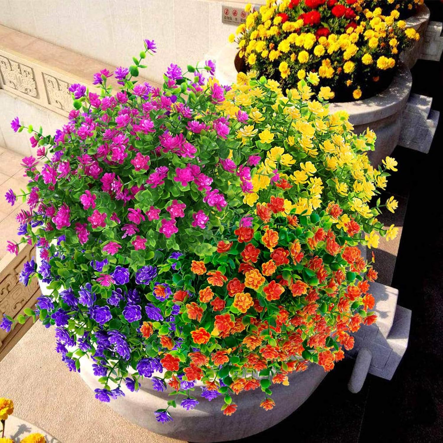 Artificial Flowers Fake Outdoor Uv Resistant Boxwood Plants Shrubs 4 Pack, Faux Plastic Greenery For Indoor Outside Hanging Planter Home Office Wedding Farmhouse Decor (Fushia)
