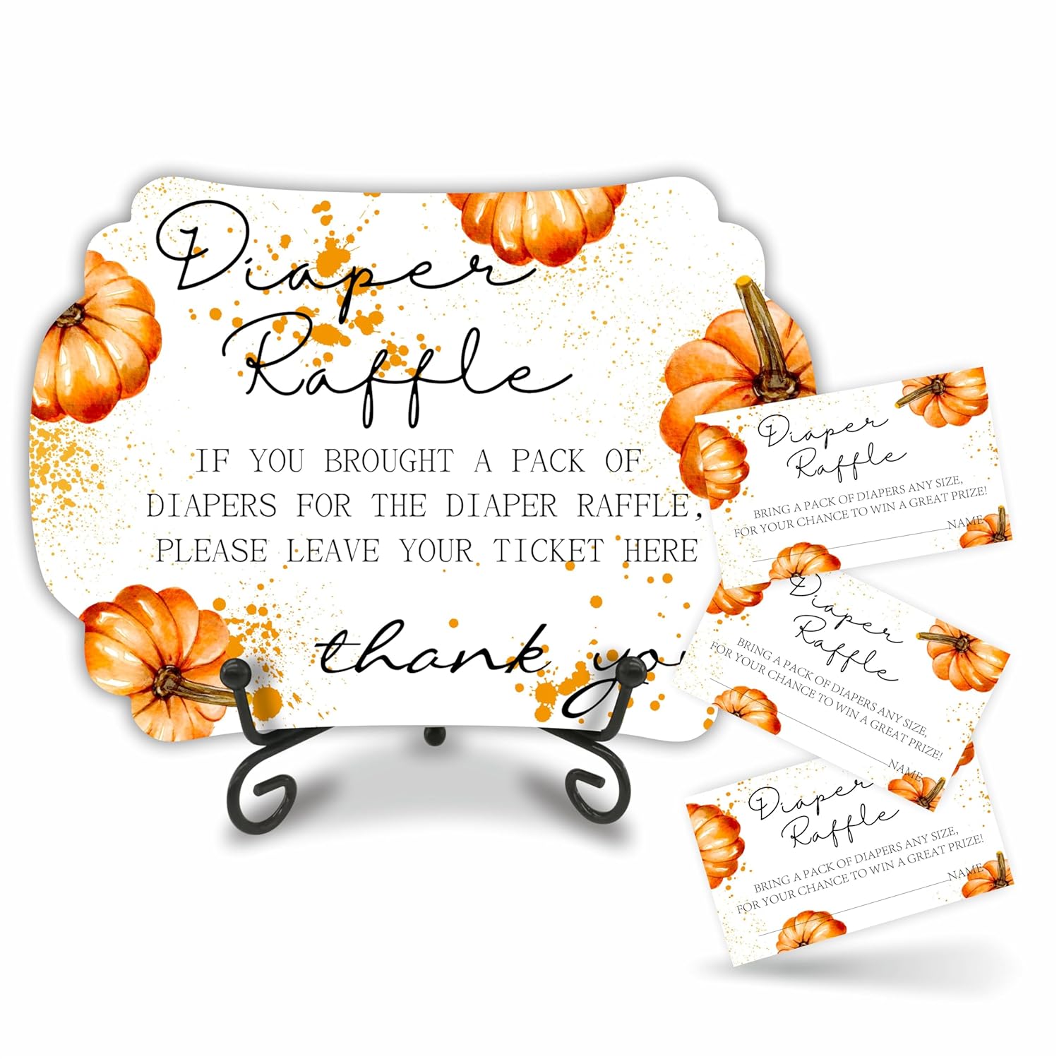 Autumn Diaper Party Game Set,Pumpkin,50 Pcs Diaper Raffle Tickets, 1 Wooden Sign & 1 Iron Stand, Gender Neutral Baby Shower Game Kit For Boys & Girl, Newborn Baby, Party Favor & Supplies - B03