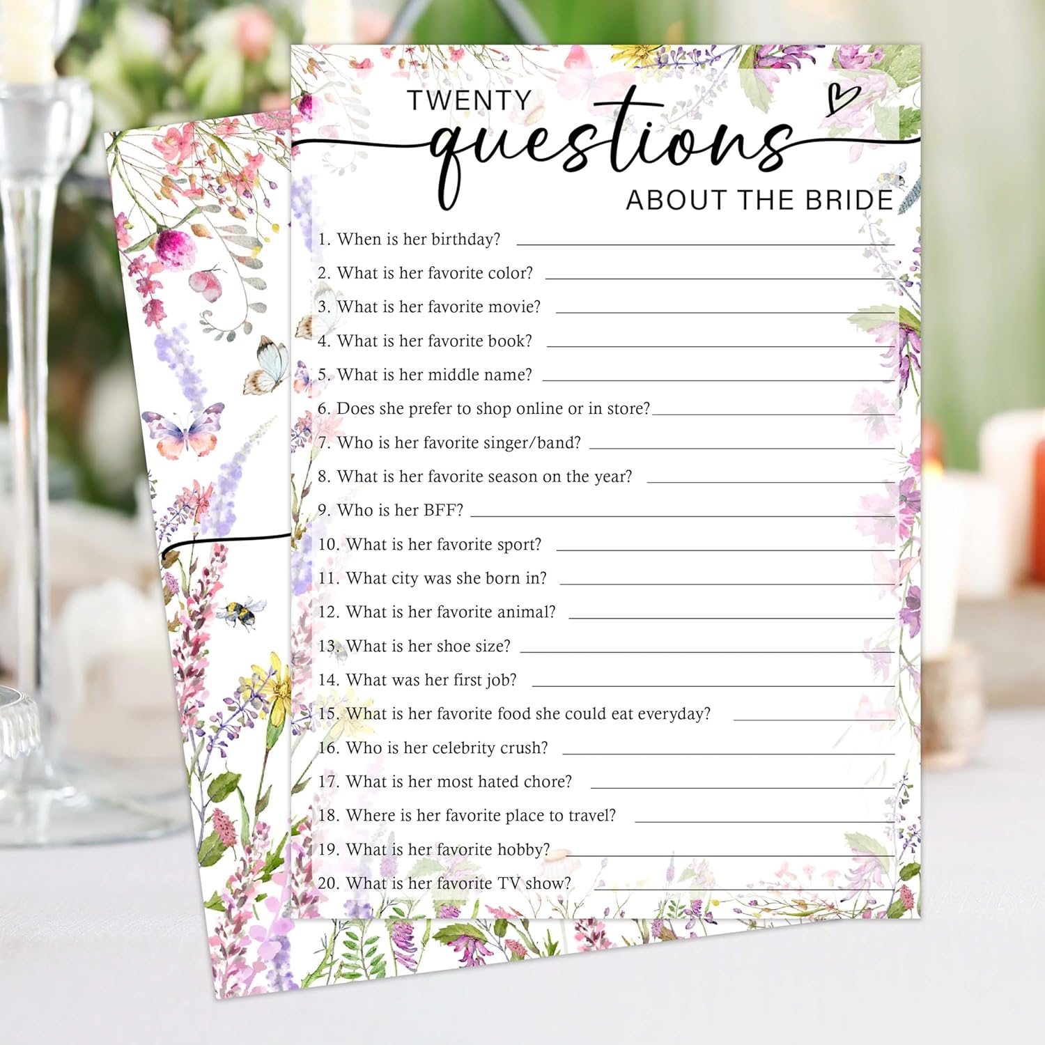Wildflowers Wedding Shower Games, 20 Questions About The Bride, 25 Elegant Bridal Shower Activity For Bachelorette Engagement Party Supplies Favors - B04