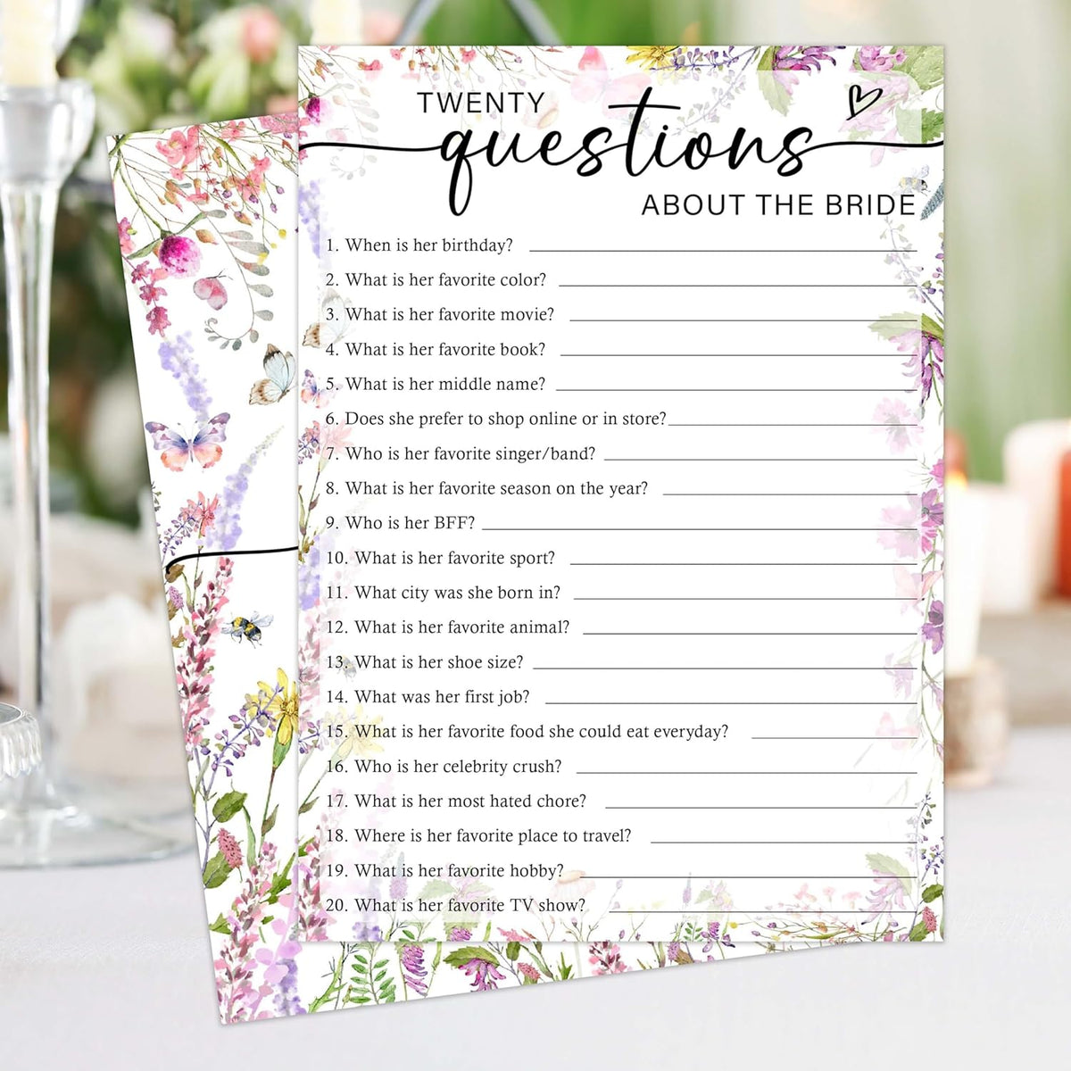 Wildflowers Wedding Shower Games, 20 Questions About The Bride, 25 Elegant Bridal Shower Activity For Bachelorette Engagement Party Supplies Favors - B04