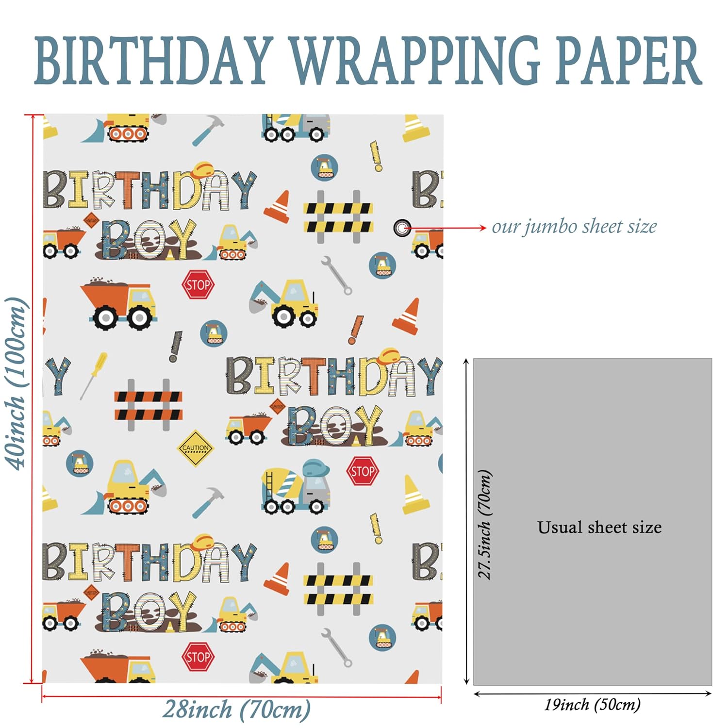 Construction Birthday Wrapping Paper For Boys - Gift Wrap With Dump Truck Excavator And Birthday Boy Lettering For Kids’ Birthday, Baby Shower - 28X40 Inches, 4 Folded Sheets
