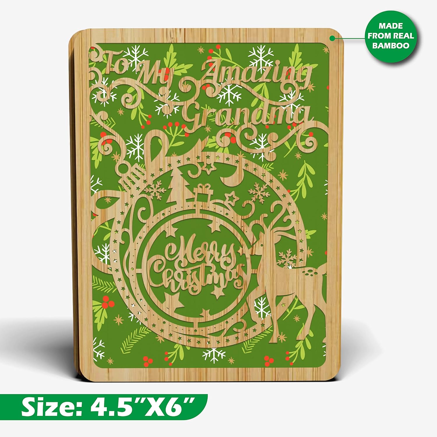 Merry Christmas Card For Grandma - | Made From Real Bamboo | 6" X 4.5" - 1 Pack (Envelope Included) | Laser Cut, Ornament Themed Grandma Christmas Card From Grand Kids Or Great Grand Kids