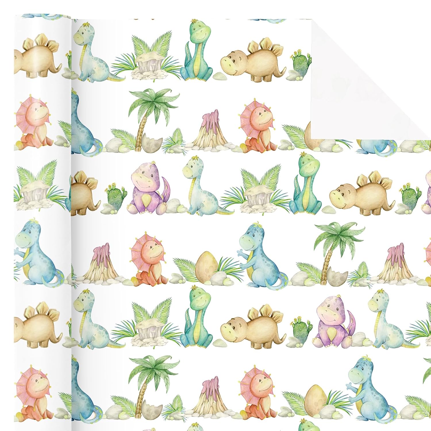Dinosaur Baby Shower Wrapping Paper - Mini Roll - 17 Inch X 16.5 Feet - Watercolor Dinosaur Wrapping Paper For Baby Shower, Boys Birthday, Baptism Gift Wrap