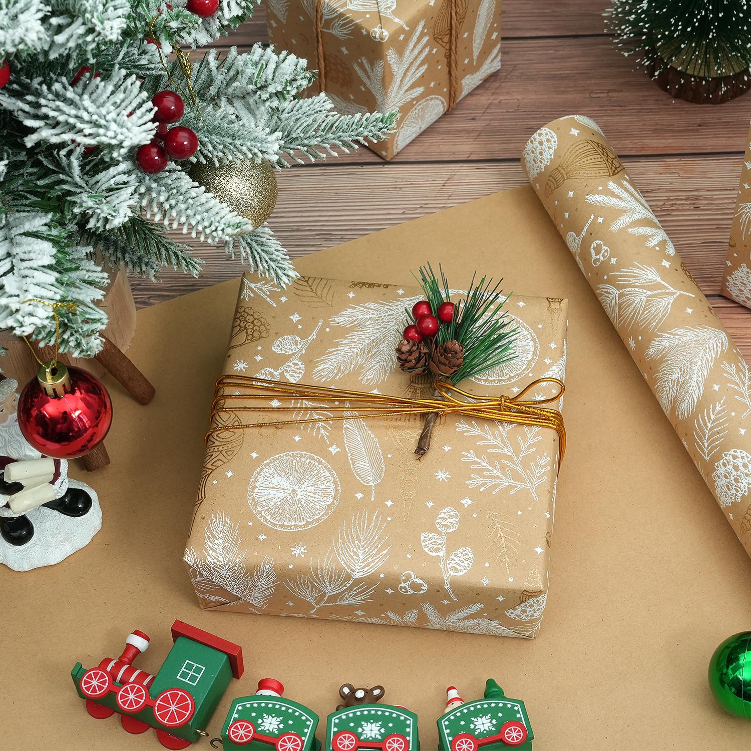 Christmas Wrapping Paper, Brown And Gold Foil Kraft Gift Wrapping Paper Roll, Christmas Wrapping Paper Jumbo Roll, Gift Wrapping Paper For Christmas Winter Holiday Birthday,17Inch × 33Feet