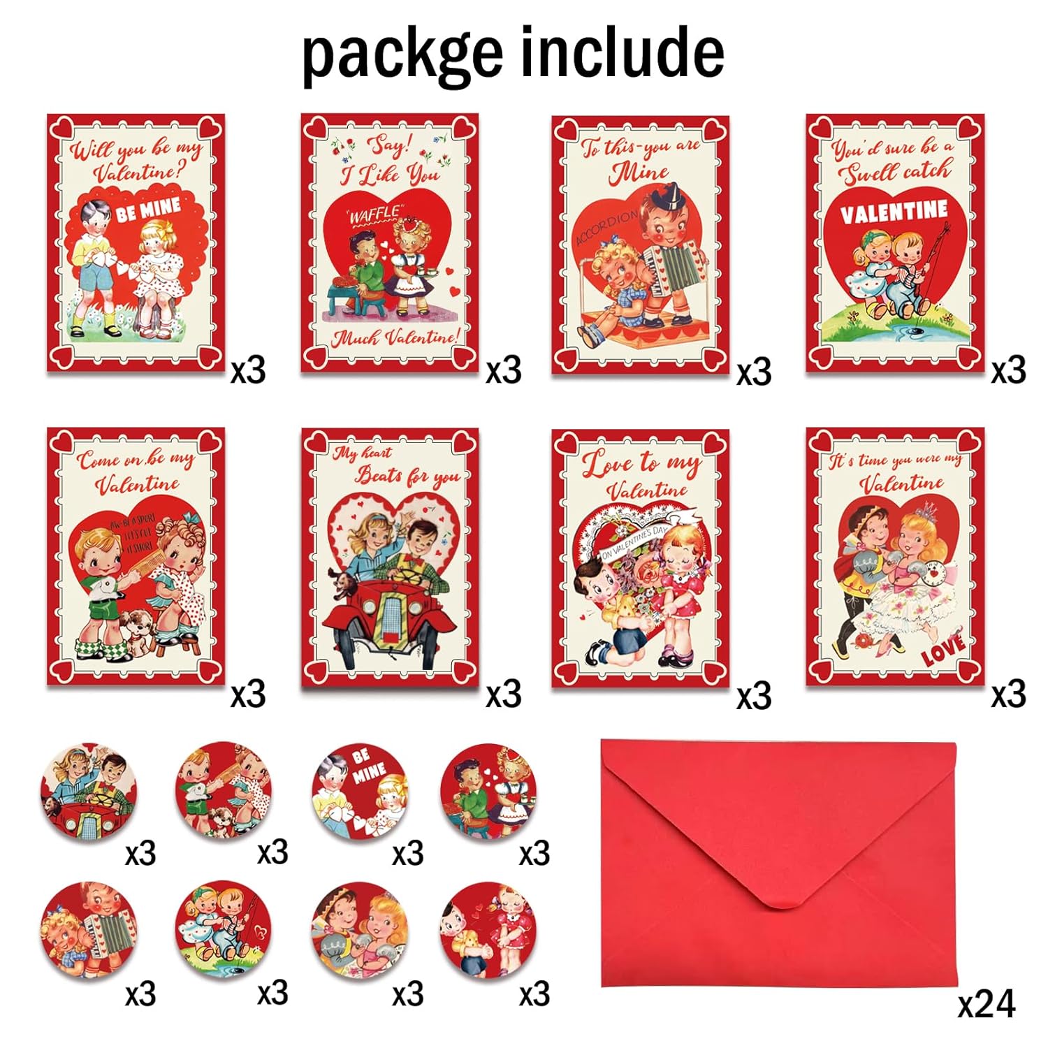 24 Pack Vintage Valentine'S Day Cards Kit With 8 Designs Retro Cute Style Kids Blank Greeting Note Cards Stickers And Red Envelopes For Valentine'S Gifts Exchange School Classroom Prize