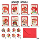 24 Pack Vintage Valentine'S Day Cards Kit With 8 Designs Retro Cute Style Kids Blank Greeting Note Cards Stickers And Red Envelopes For Valentine'S Gifts Exchange School Classroom Prize