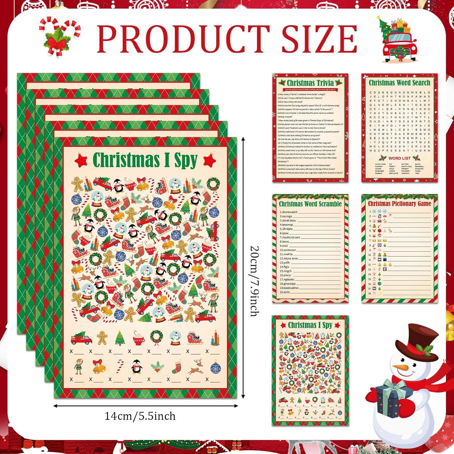 130Pcs Christmas Party Games Cards Set Xmas Trivia Pictionary Word Search Scramble Christmas I Spy Games Fun Holiday Activity For Family Friend Group Winter Xmas Holiday Party Supplies (Vintage)