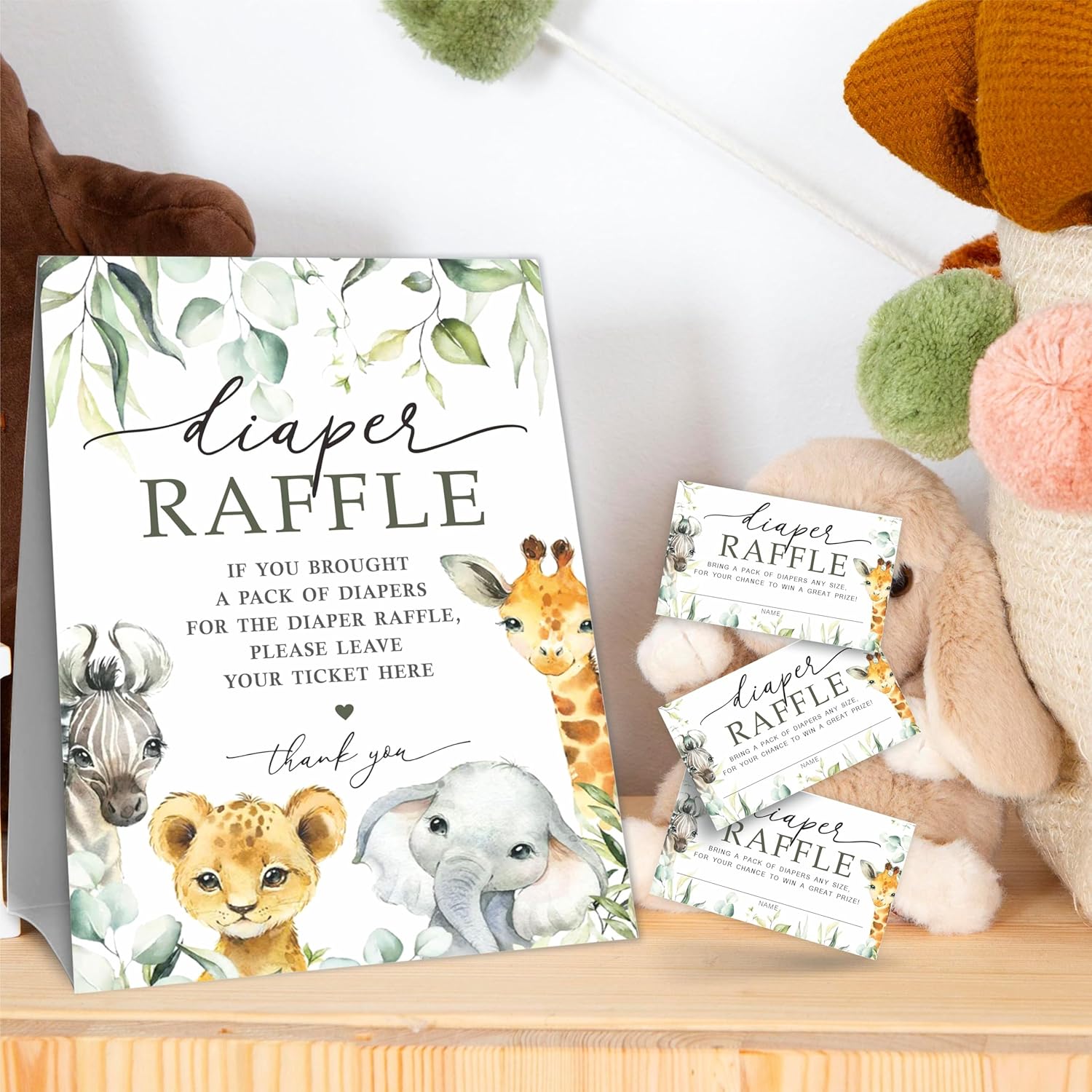 Greenery Diaper Raffle Game Kit - Safari Animals Theme - 1 Sign & 50 Tickets, Shower Decoration, Gender Reveal - B05