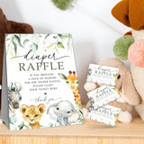Greenery Diaper Raffle Game Kit - Safari Animals Theme - 1 Sign & 50 Tickets, Shower Decoration, Gender Reveal - B05