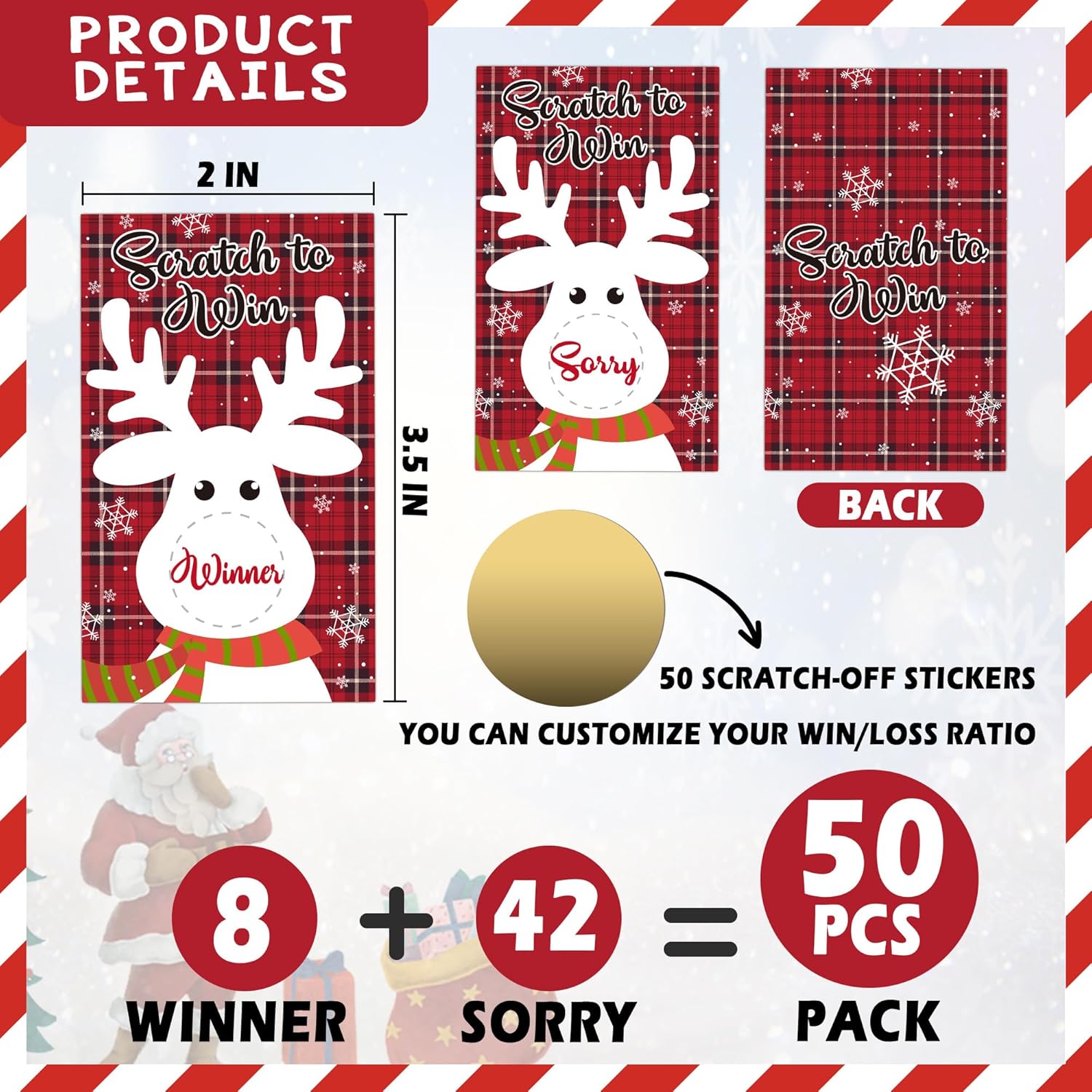 Christmas Scratch Off Cards, 50Pcs Xmas Reindeer Scratch To Win Cards, Christmas Party Game For Ice Breaker Activity, Groups Events Game, Festival Holiday Party Supplies(3.5X2.1 Inches)-A01