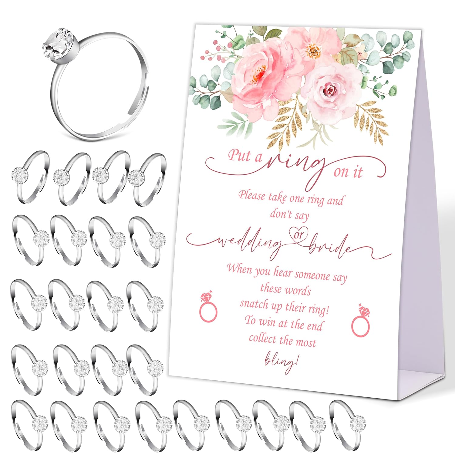 Blush Pink Floral Don'T Say Bride Or Wedding Game, Put A Ring On It Bridal Shower Game With 50 Fake Rings, Bridal Shower Decorations, Wedding Shower Or Bachelorette Party Supplies - 12