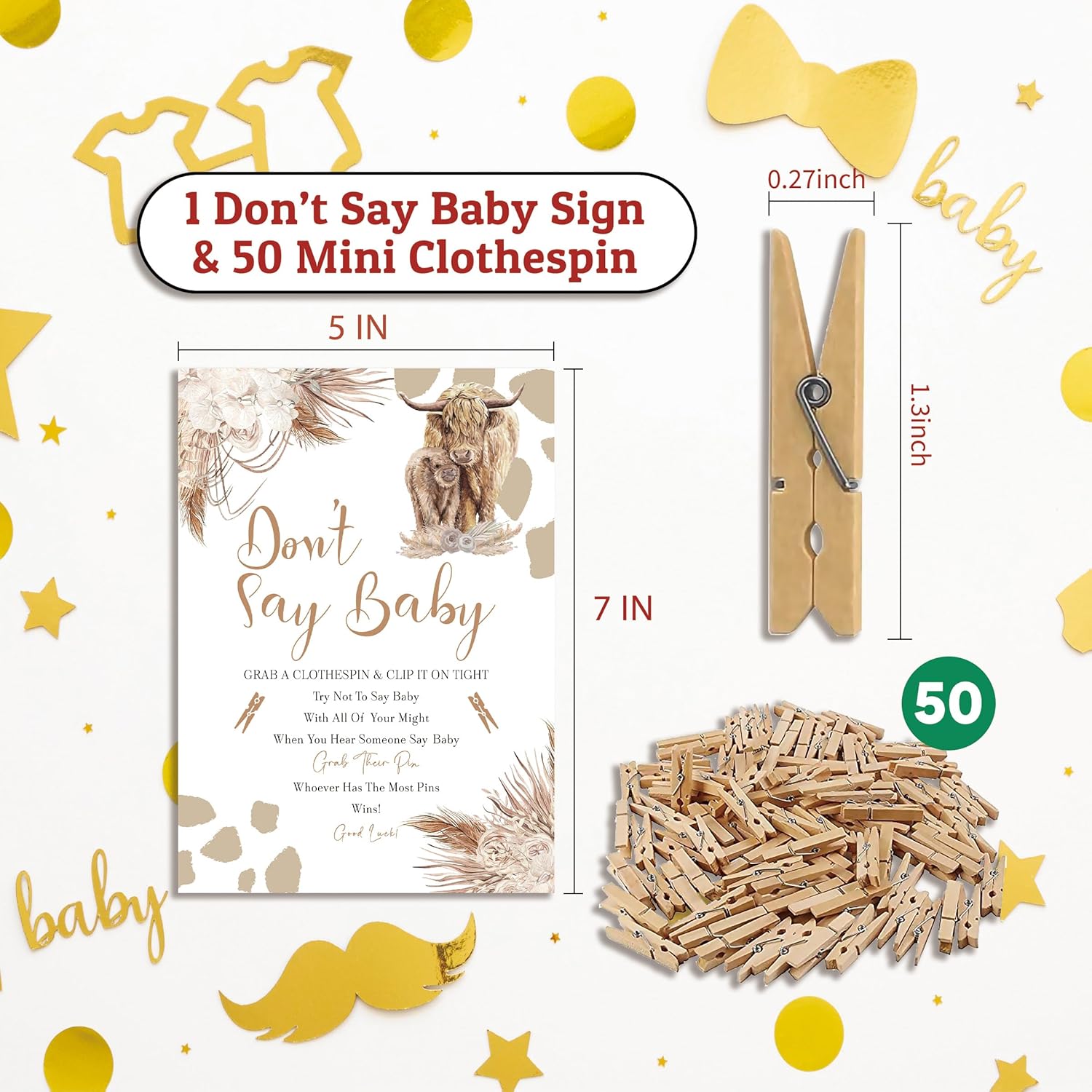 Don'T Say Baby Game For Baby Shower, 50 Wooden Clothespins And One Sign, Boho Cow Theme, Pins For Baby Shower Decorations, Boy Baby Shower, Baby Shower Supplies-Bb29