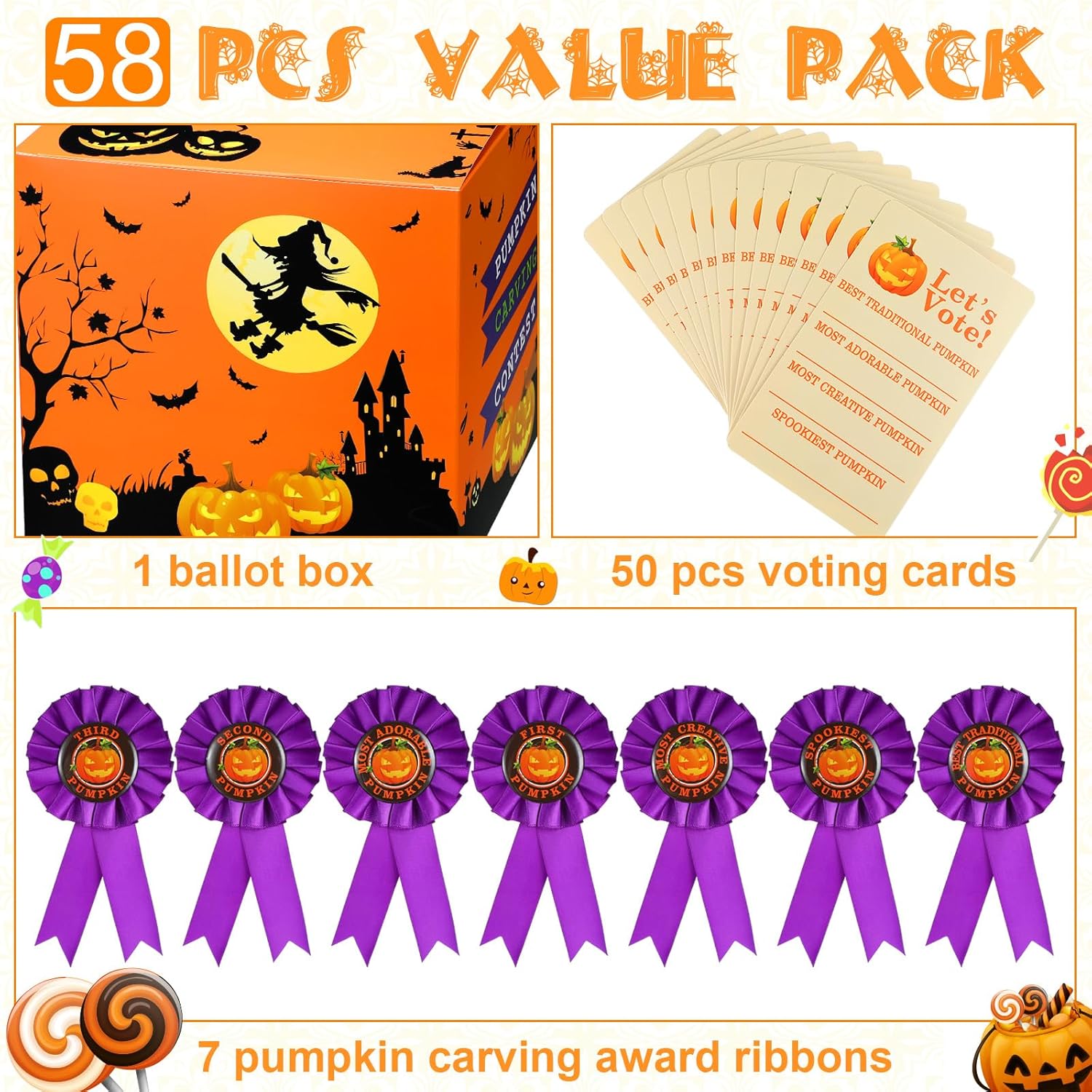 58 Pcs Halloween Pumpkin Carving Contest Awards Kit Including Halloween Ballot Box 50 Voting Cards 7 Pumpkin Carving Prize Award Ribbons For Game Party Decoration