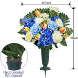 Artificial Cemetery Flowers For Grave,Memorial Flowers Bouquet With Vase For Headstones Decoration,Blue Rose Tulip Hydrangea