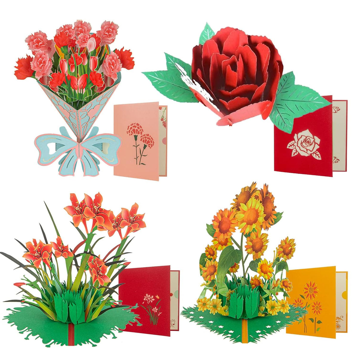 Pop Up Card, Mother'S Day Cards, 4 Pieces Flower 3D Greetings Card, Thank You Card With Envelope Moms Cards For Valentine'S Day Mother'S Day Thanksgiving Day Birthday Anniversary Wedding
