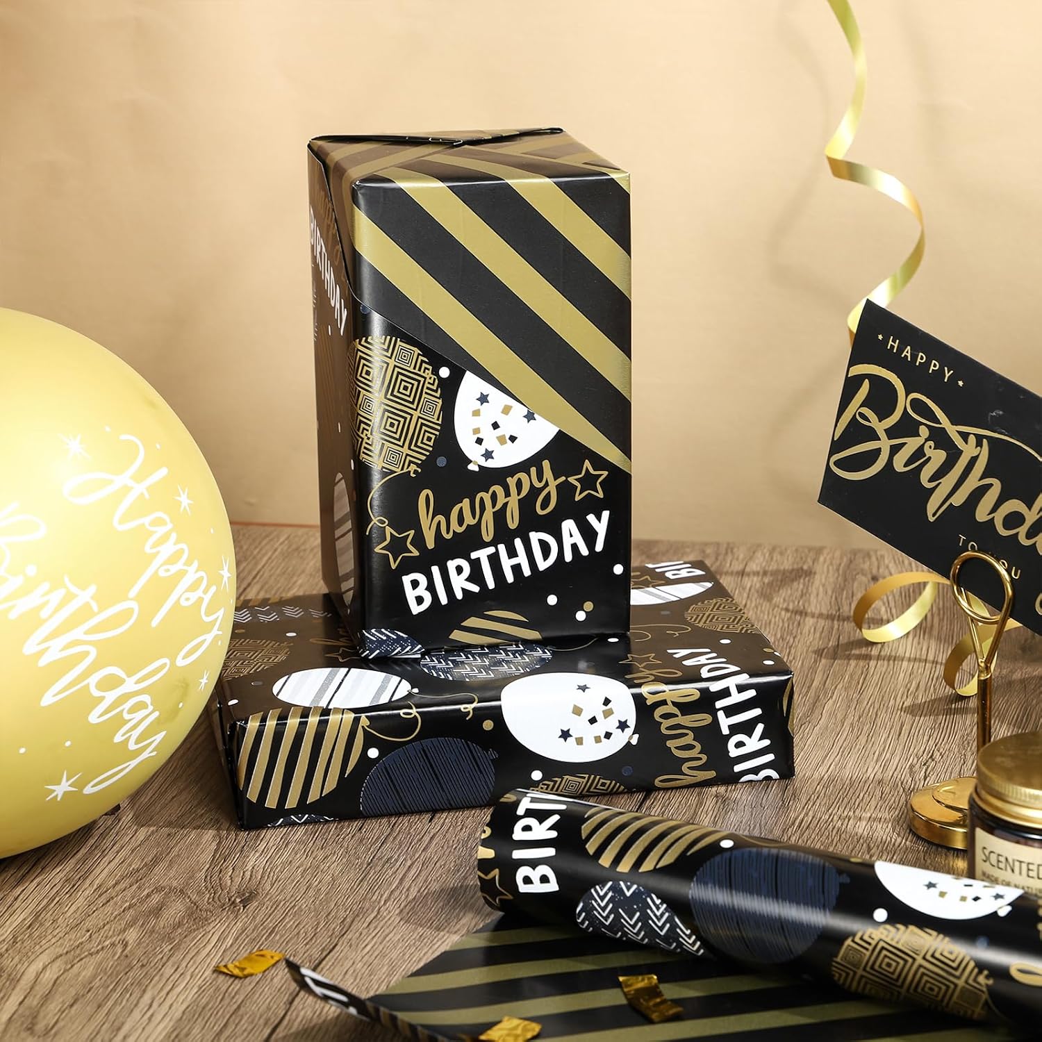 Reversible Wrapping Paper Roll For Birthday, Jumbo Roll, Black Gold Balloon Pattern Ideal For Birthday Party And Special Occasions, 30 Inches X 32.8 Feet